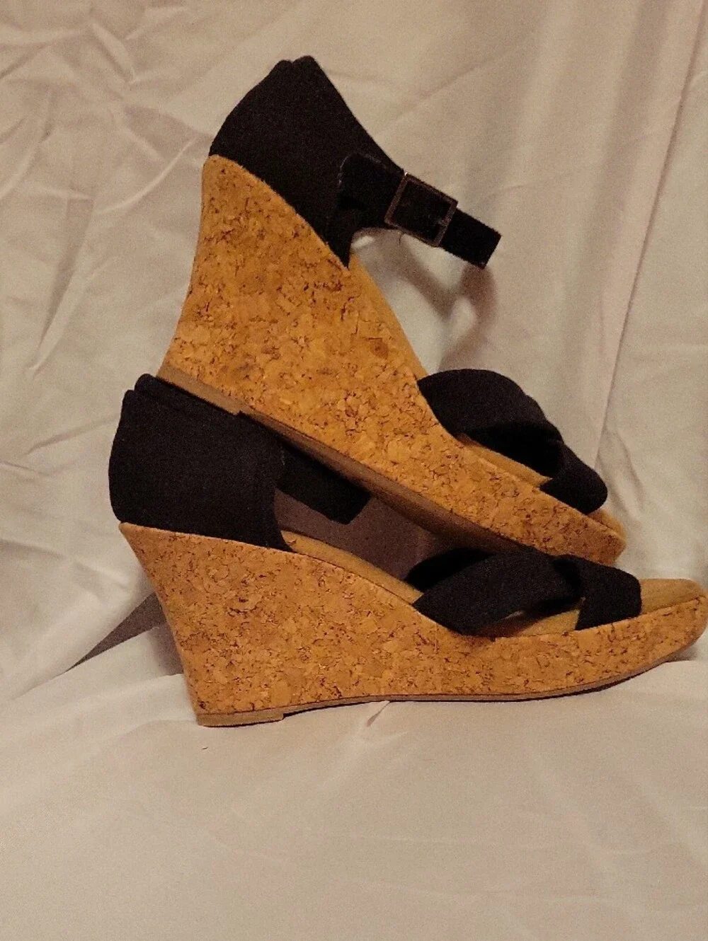 Black Strappy Cork Wedge Sandals - Women